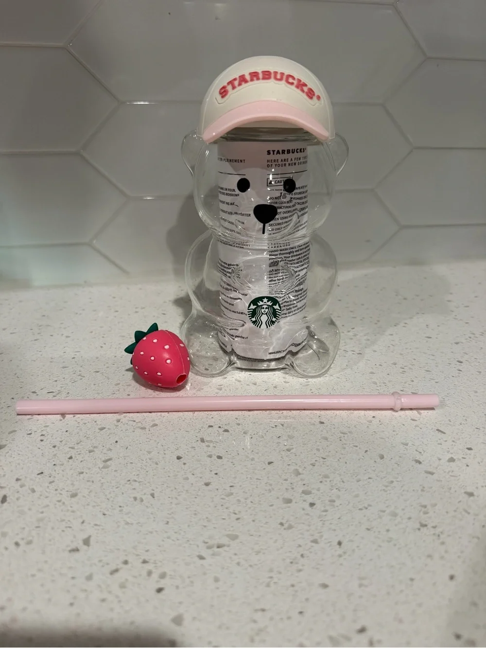 Starbucks Pink and White Bear Straw Bottle with Strawberry Charm